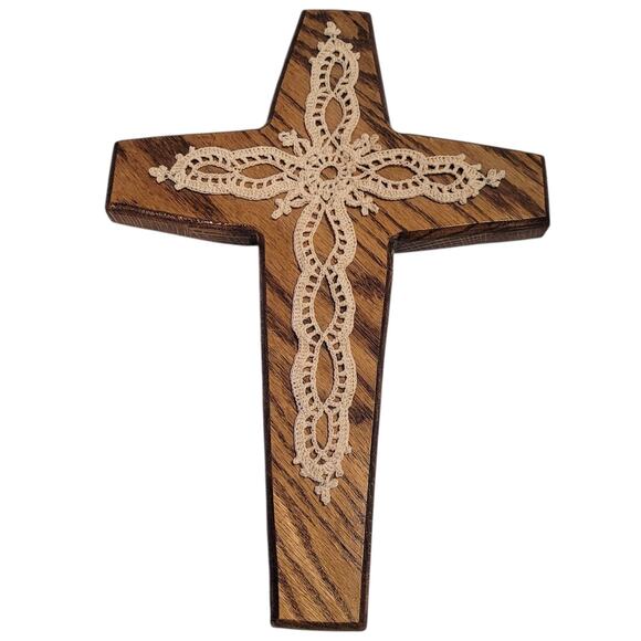 Wood Wall Cross Crucifix Oak Crochet 13" x 9" Hanging Decor Handmade Religious - Picture 1 of 13